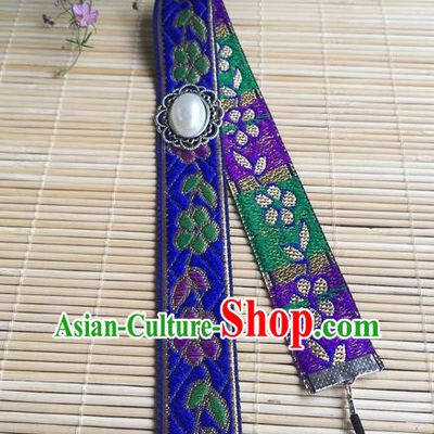 Chinese Traditional Hanfu Embroidered Royalblue Headband Ancient Dowager Countess Headwear Ming Dynasty Elderly Woman Forehead Accessories