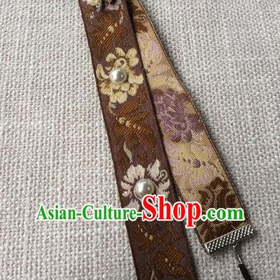 Chinese Ming Dynasty Dowager Countess Pearls Forehead Accessories Traditional Hanfu Embroidered Brown Headband Ancient Elderly Woman Headwear