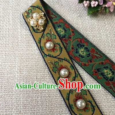 Chinese Ancient Elderly Woman Hair Clasp Ming Dynasty Dowager Countess Pearls Forehead Accessories Traditional Hanfu Embroidered Yellow Headband