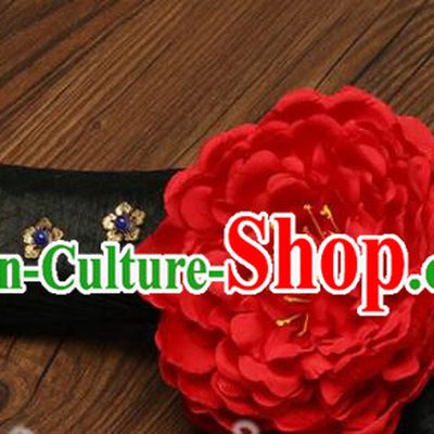China Drama Princess of Pearl Hairpieces Traditional Qing Dynasty Headdress Ancient Imperial Consort Wigs and Red Peony Hairpins