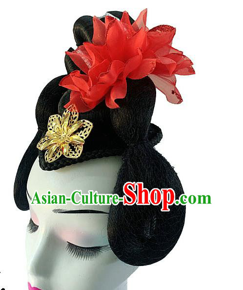 Chinese Classical Dance Hairpieces Traditional Woman Group Dance Hair Accessories Stage Performance Wigs Chignon Headdress Chinese Classical Dance Hairpieces Traditional Woman Group Dance Hair Accessories Stage Performance Wigs Chignon Headdress