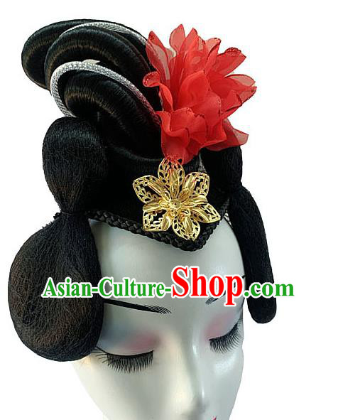 Chinese Classical Dance Hairpieces Traditional Woman Group Dance Hair Accessories Stage Performance Wigs Chignon Headdress Chinese Classical Dance Hairpieces Traditional Woman Group Dance Hair Accessories Stage Performance Wigs Chignon Headdress