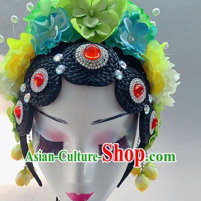 Chinese Peking Opera Diva Wigs Headwear Woman Stage Performance Hairpieces Classical Dance Hair Accessories