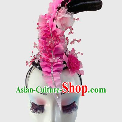 Chinese Classical Dance Wigs Chignon and Rosy Flowers Hair Accessories Court Dance Headpiece Traditional Flying Fairy Dance Hair Clasp