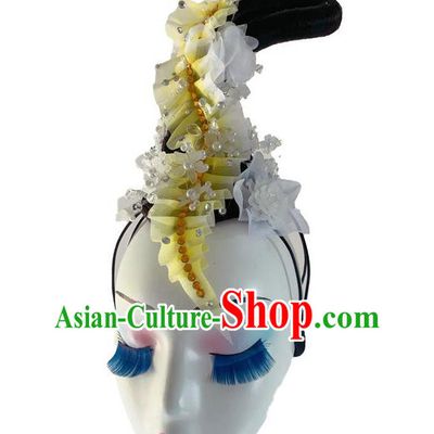 Chinese Court Dance Headpiece Traditional Flying Fairy Dance Yellow Flowers Hair Clasp Classical Dance Wigs Chignon