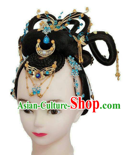 Chinese Tang Dynasty Court Dance Headpieces Traditional Woman Dance Headdress Classical Dance Wigs Chignon Chinese Tang Dynasty Court Dance Headpieces Traditional Woman Dance Headdress Classical Dance Wigs Chignon