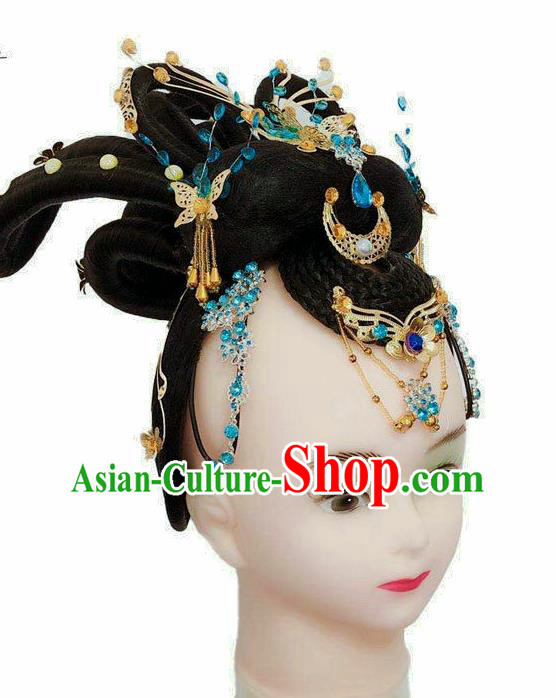 Chinese Tang Dynasty Court Dance Headpieces Traditional Woman Dance Headdress Classical Dance Wigs Chignon Chinese Tang Dynasty Court Dance Headpieces Traditional Woman Dance Headdress Classical Dance Wigs Chignon