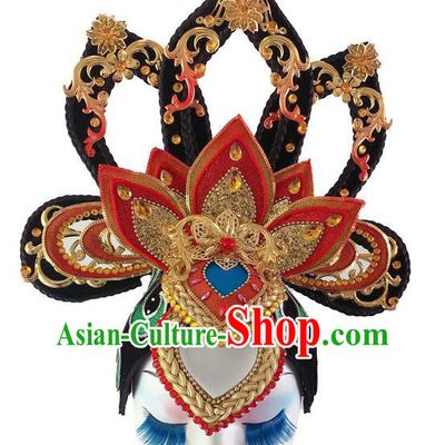 Chinese Classical Dance Wigs Chignon Tang Dynasty Court Dance Headpieces Traditional Woman Dance Red Lotus Headdress
