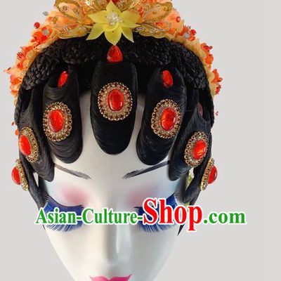 Chinese Peking Opera Diva Hairpieces Woman Stage Performance Headdress Classical Dance Wigs and Orange Flowers Hair Accessories