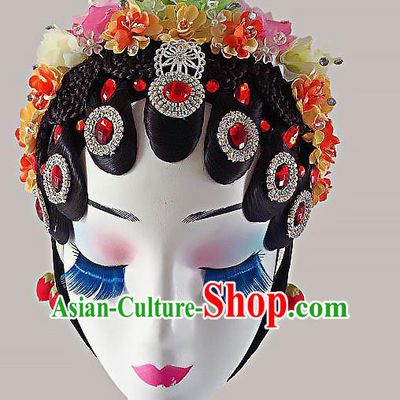 Chinese Classical Dance Wigs and Flowers Hair Accessories Peking Opera Hua Tan Hairpieces Woman Stage Performance Headdress