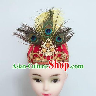 China Uighur Nationality Dance Headdress Xinjiang Minority Performance Feather Headpiece Uyghur Ethnic Folk Dance Red Hat
