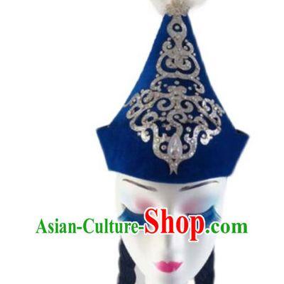 China Xinjiang Ethnic Woman Dance Headdress Uighur Nationality Dance Royalblue Hat Uyghur Minority Performance Headwear