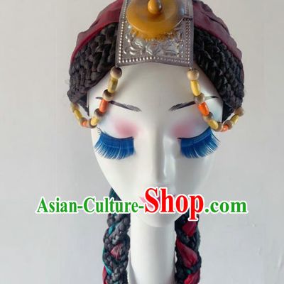 China Ethnic Woman Dance Wigs Braid Hairpieces Mongolian Nationality Dance Hair Accessories Mongol Minority Performance Headdress