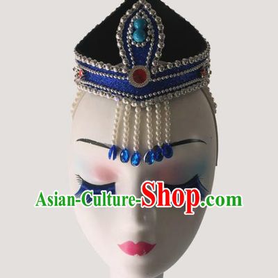 China Mongol Minority Performance Headdress Ethnic Woman Dance Tassel Blue Hat Mongolian Nationality Dance Headwear