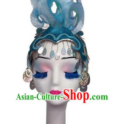 China Minority Peacock Dance Headpiece Yunnan Ethnic Woman Performance Blue Hair Crown Dai Nationality Dance Headwear