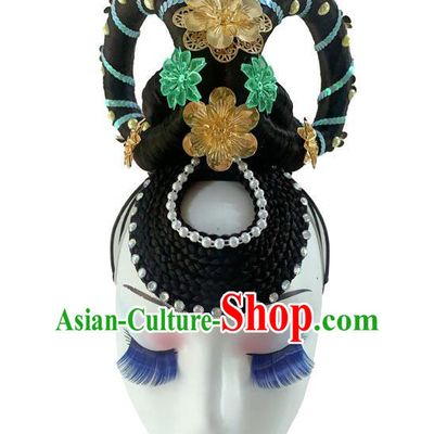 Chinese Traditional Court Dance Hairpieces Woman Stage Performance Headdress Classical Dance Hair Accessories Flying Apsaras Dance Wigs Chignon