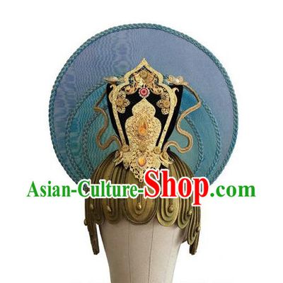 Chinese Ancient God Blue Hat Classical Dance Hair Accessories Male Stage Performance Headdress
