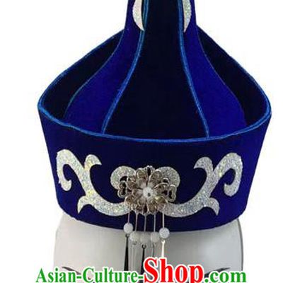 China Woman Stage Performance Headwear Mongolian Ethnic Dance Royalblue Hat Mongol Nationality Dance Headdress