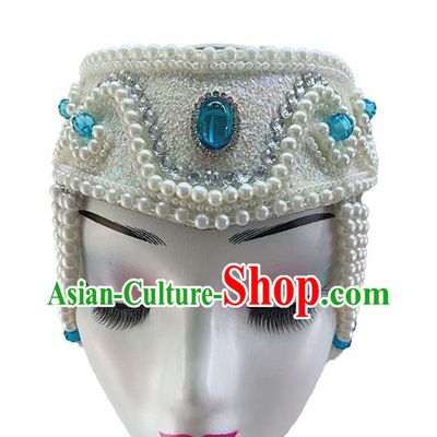 China Mongolian Ethnic Dance White Hat Mongol Nationality Dance Headdress Woman Stage Performance Pearls Headwear
