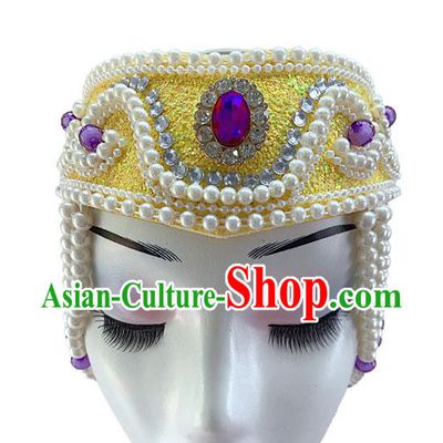 China Woman Stage Performance Pearls Headwear Mongolian Ethnic Dance Yellow Hat Mongol Nationality Dance Headdress