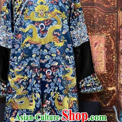 China Ancient Blue Imperial Dragon Traditional Historical Garment Costume Qing Dynasty Emperor Embroidered Dragon Robe Clothing