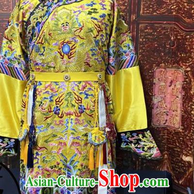 China Qing Dynasty Qianlong Emperor Embroidered Dragon Robe Clothing Ancient Yellow Imperial Dragon Traditional Monarch Historical Garment Costume