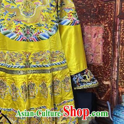 China Traditional Manchu Emperor Historical Garment Costume Qing Dynasty Monarch Embroidered Dragon Robe Clothing Ancient Yellow Imperial Dragon