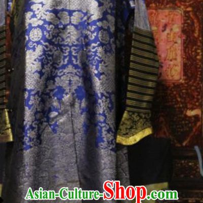 China Traditional Emperor Historical Costume Qing Dynasty Manchu King Dragon Robe Clothing Ancient Monarch Blue Brocade Imperial Robe Garment