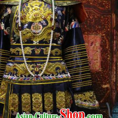 China Traditional Emperor Imperial Robe Qing Dynasty Manchu King Historical Garment Costume Ancient Monarch Embroidered Navy Dragon Robe
