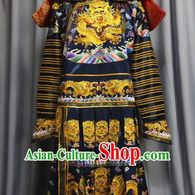 China Traditional Navy Imperial Robe Clothing Qing Dynasty King Garment Costume Ancient Emperor Embroidered Dragon Robe