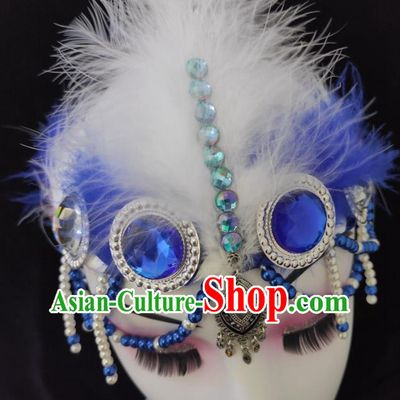 China Minority Dance Blue Headband Mongolian Ethnic Performance Feather Headpieces Mongol Nationality Folk Dance Hair Accessories