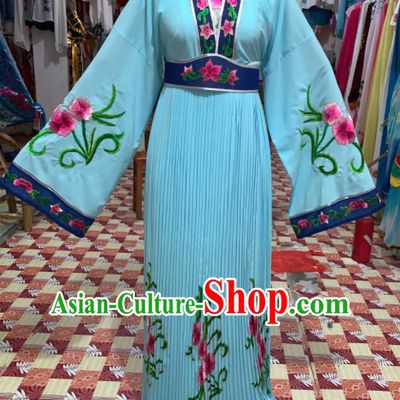 China Shaoxing Opera Young Lady Blue Dress Outfits Traditional Peking Opera Court Maid Clothing Ancient Flower Goddess Garment Costumes