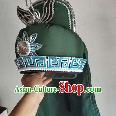 Chinese Traditional Beijing Opera Imperial Bodyguard Green Hat Peking Opera Wusheng Headwear Shaoxing Opera General Headdress