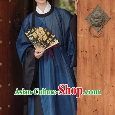 China Ming Dynasty Scholar Clothing Ancient Young Childe Garment Costume Traditional Hanfu Navy Long Gown