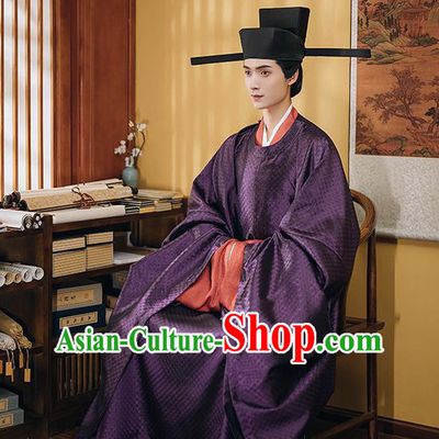 China Ancient Official Garment Costume Traditional Hanfu Purple Robe Vestment Song Dynasty Chancellor Clothing