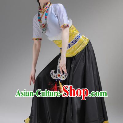 Chinese Zang Nationality Clothing Folk Dance Costume Ethnic Woman Garments Tibetan Minority Performance Black Dress Outfits