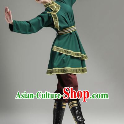 Chinese Ethnic Woman Garments Mongol Minority Performance Green Dress Outfits Mongolian Nationality Clothing Folk Dance Costume