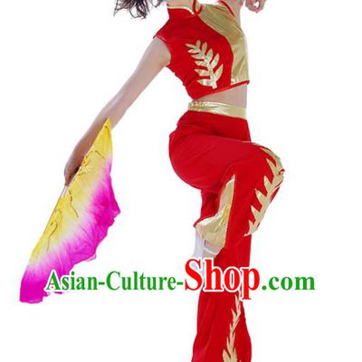 Chinese Women Group Performance Garments Folk Dance Red Outfits Fan Dance Costumes Jiaozhou Yangko Dance Clothing