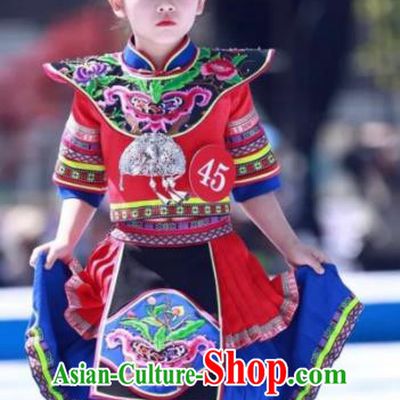 China She Nationality Folk Dance Apparels Children Performance Costumes Guangdong Minority Dance Red Dress