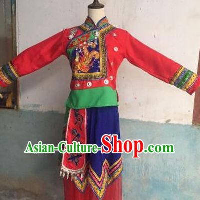 Chinese Ethnic Stage Performance Red Outfits She Nationality Folk Dance Clothing Woman Dance Garments Dong Minority Festival Dress