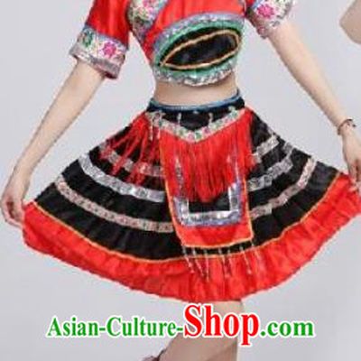 Chinese Guangxi Nationality Clothing Woman Festival Dance Garments Zhuang Minority Folk Dance Red Dress Ethnic Stage Performance Outfits