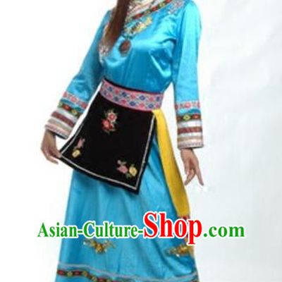 Chinese Festival Dance Garments Sichuan Minority Folk Dance Blue Dress Ethnic Woman Outfits Qiang Nationality Clothing