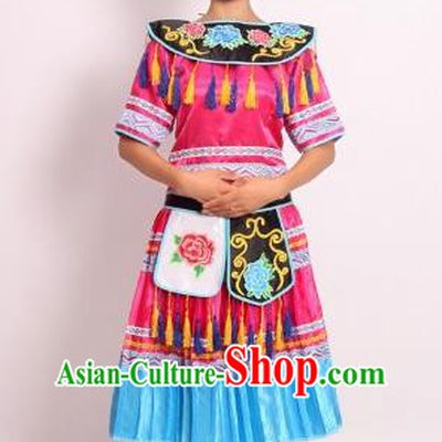 Chinese Ethnic Woman Outfits Yao Nationality Clothing Hmong Festival Dance Garments Dong Minority Folk Dance Rosy Dress