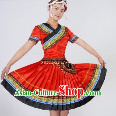 Chinese She Minority Folk Dance Red Dress Ethnic Woman Outfits Yao Nationality Clothing Sichuan Festival Dance Garments