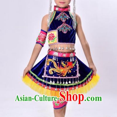 China Children Performance Costumes Guangdong Minority Kids Dance Blue Dress Uniforms She Nationality Girl Folk Dance Apparels