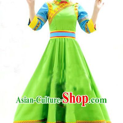 Chinese Daur Nationality Clothing Daghur Festival Dance Garments Inner Mongolia Minority Folk Dance Green Dress Ethnic Woman Outfits