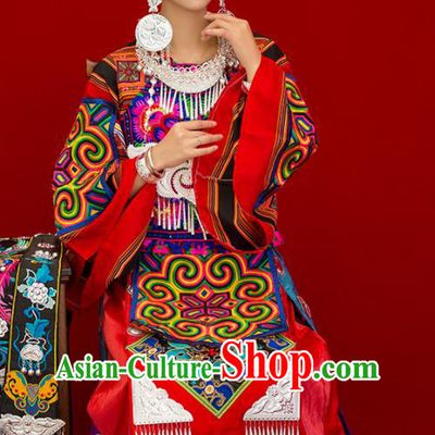 Chinese Dong Minority Folk Dance Red Dress Ethnic Wedding Outfits Miao Nationality Bride Clothing Guizhou Festival Dance Garments and Headpieces