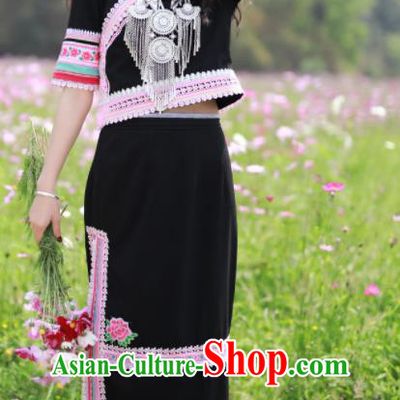 Chinese Guangxi Festival Dance Garments Yao Minority Folk Dance Black Dress Ethnic Dance Outfits Miao Nationality Woman Clothing