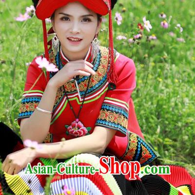 Chinese Yi Nationality Woman Clothing Da Liangshan Festival Dance Garments Bouyei Minority Folk Dance Red Dress Ethnic Performance Outfits
