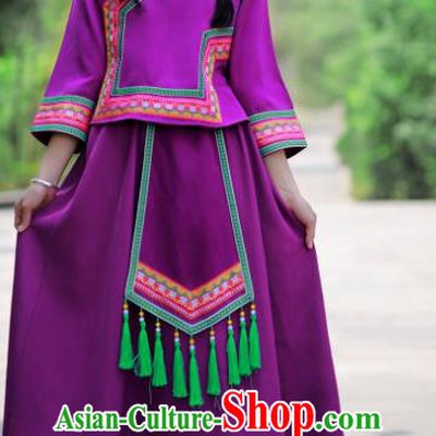 Chinese Zhuang Nationality Woman Clothing Guangxi Festival Dance Garments Minority Folk Dance Purple Dress Ethnic Performance Outfits